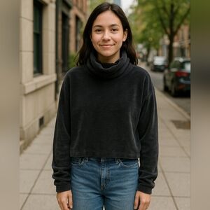 Small Cowlneck Charcoal Sweater Super Soft Waist Length Minimalist Casual Winter